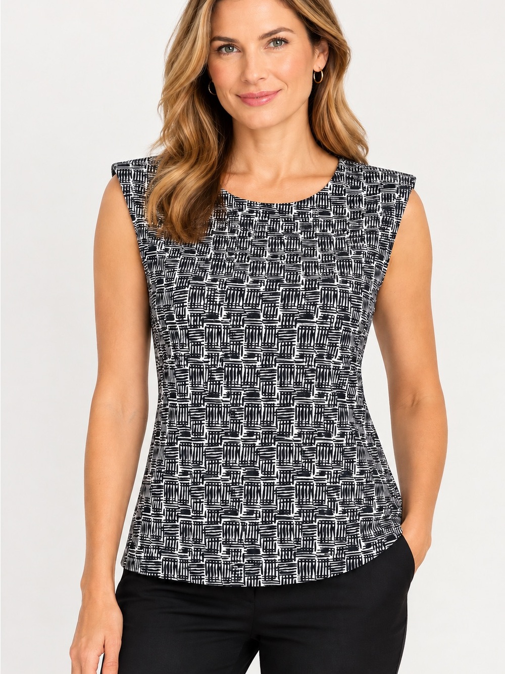 DKNY Black & White Sleeveless Geometric Print Tank